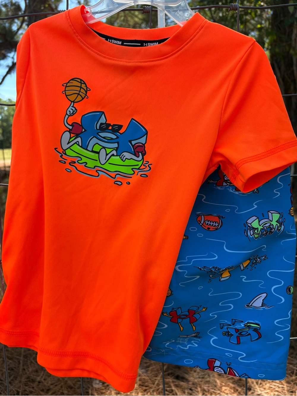 Under Armour Bright Orange Short Sleeve Swim Tee with Blue Graphic